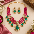 Green & Pink Stone Gold Plated Necklace Set with Earrings | Ethnic Festive Jewellery
