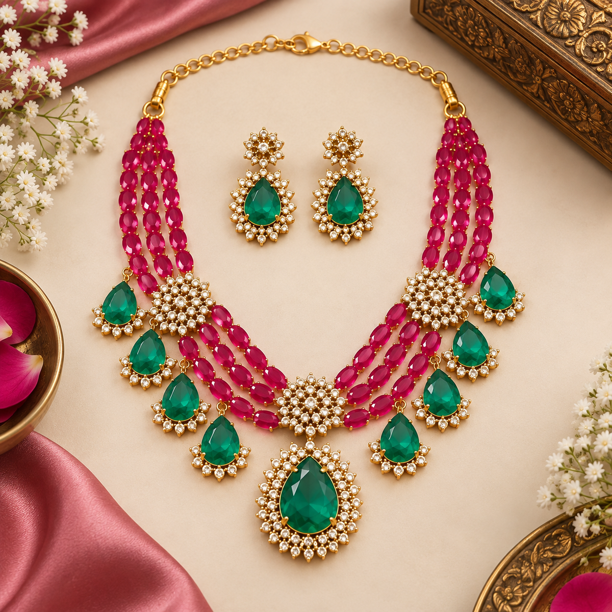 Green & Pink Stone Gold Plated Necklace Set with Earrings | Ethnic Festive Jewellery