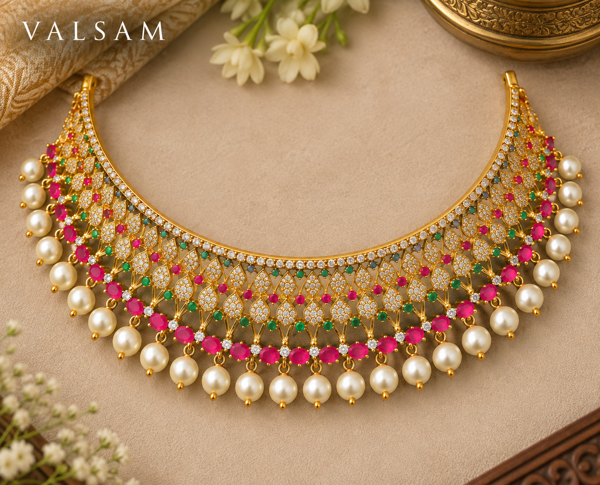 Ruby & Green Stone Necklace Set with Pearl Drop Earrings | Traditional Bridal Jewellery