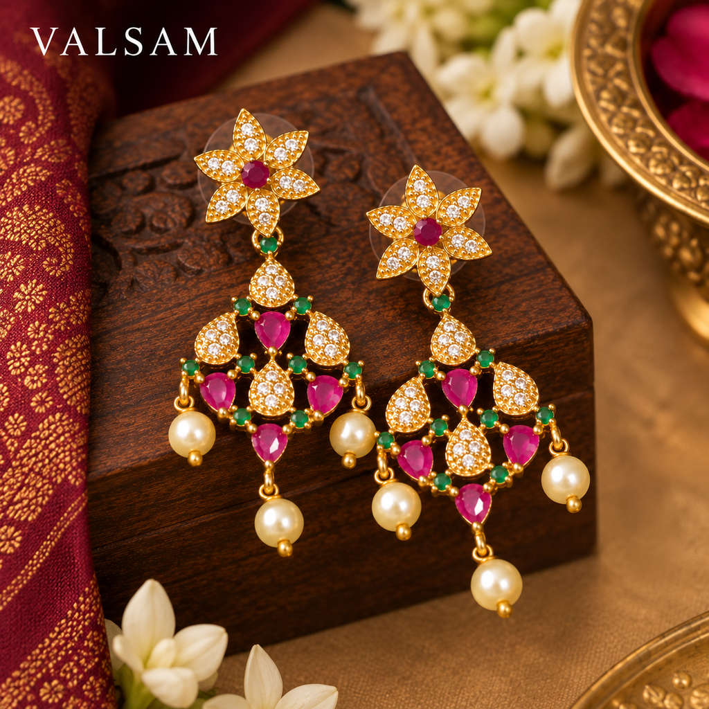 Ruby & Green Stone Necklace Set with Pearl Drop Earrings | Traditional Bridal Jewellery