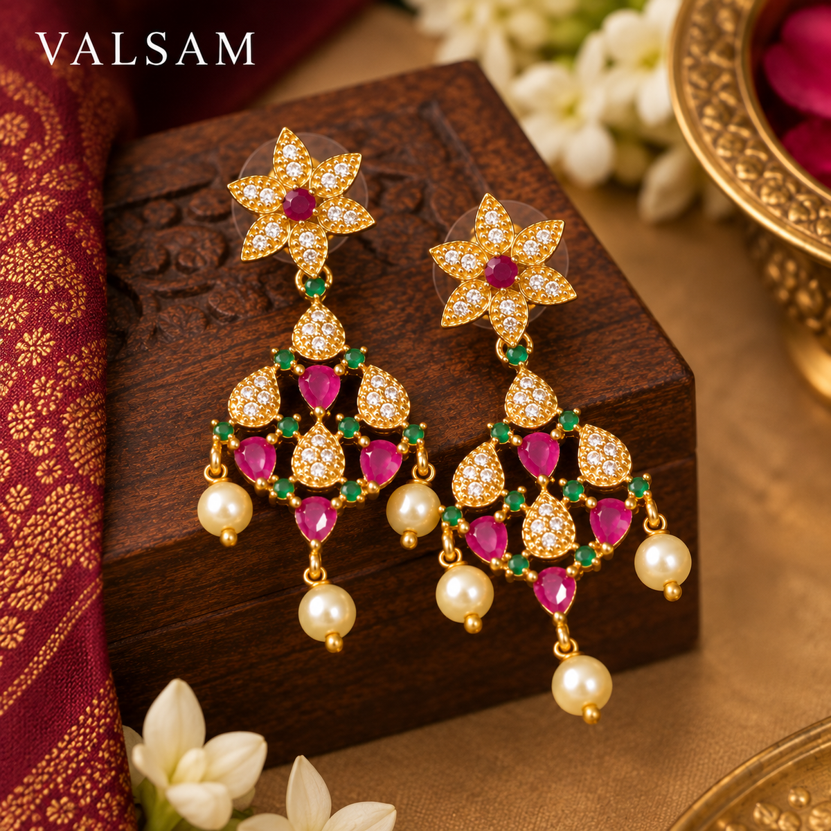Ruby & Green Stone Necklace Set with Pearl Drop Earrings | Traditional Bridal Jewellery