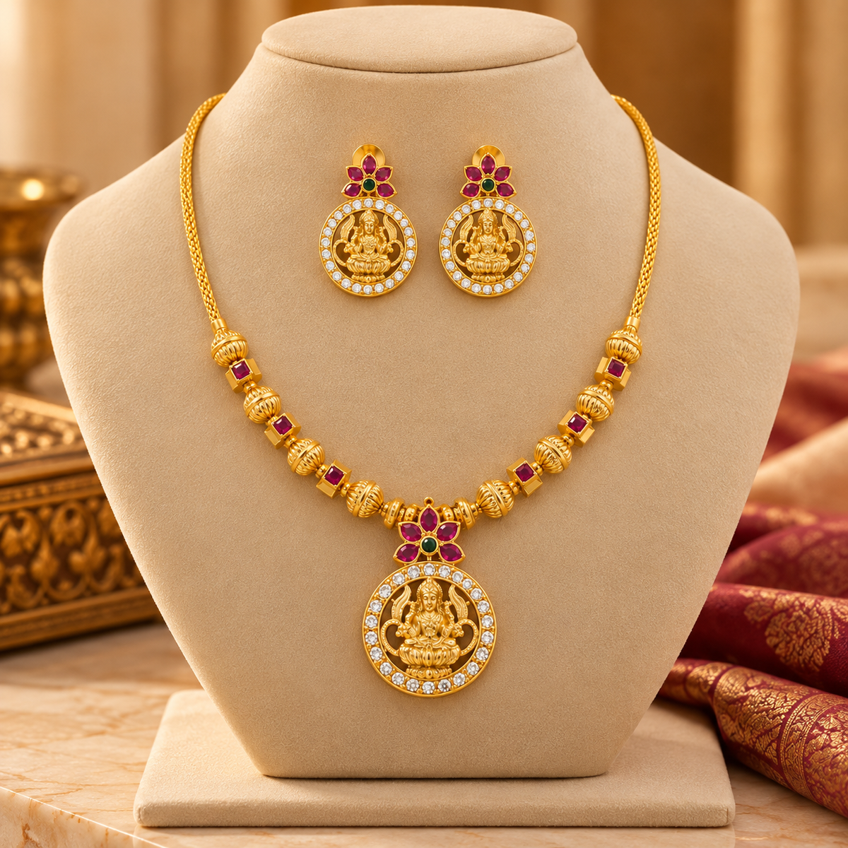 Lakshmi Ruby Stone Temple Necklace Set
