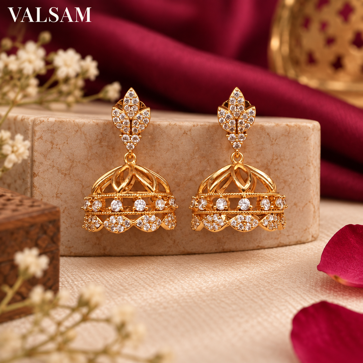 Gold Plated Crystal Leaf Jhumka Earrings | Ethnic Festive Jewellery