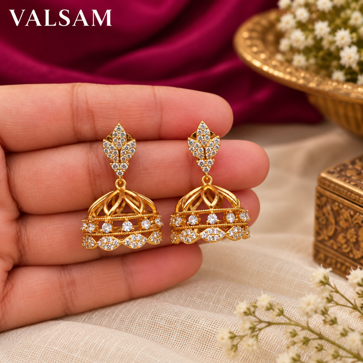 Gold Plated Crystal Leaf Jhumka Earrings | Ethnic Festive Jewellery
