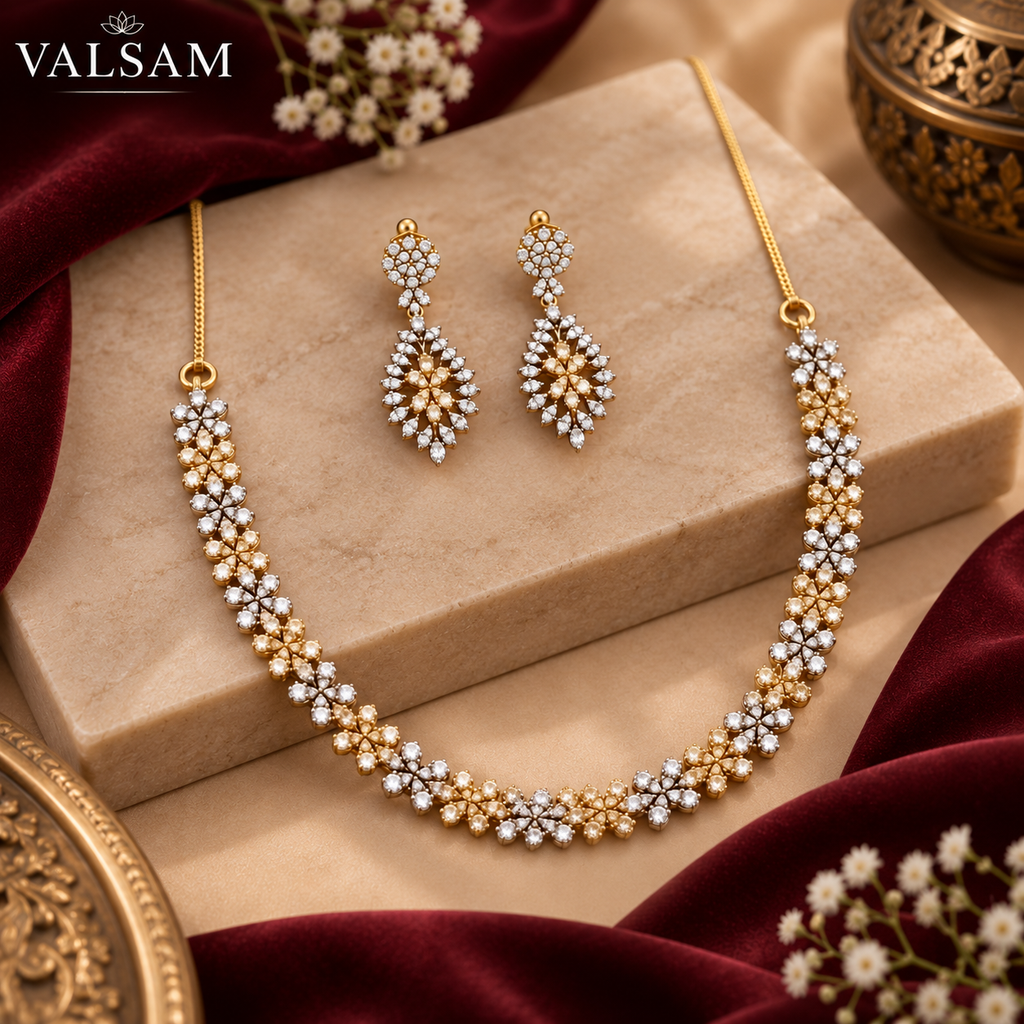 Gold Plated Floral Necklace Set with Drop Earrings | Traditional Festive Jewellery