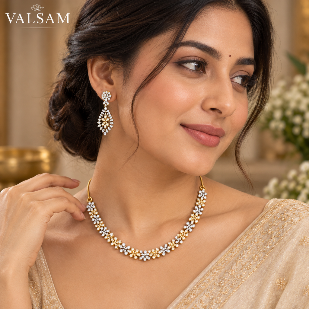 Gold Plated Floral Necklace Set with Drop Earrings | Traditional Festive Jewellery