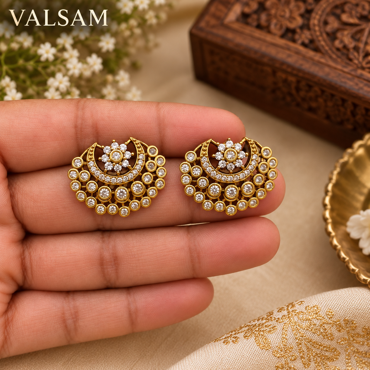 Gold Plated AD Chandbali Earrings with Floral Design | Traditional Festive Jewellery