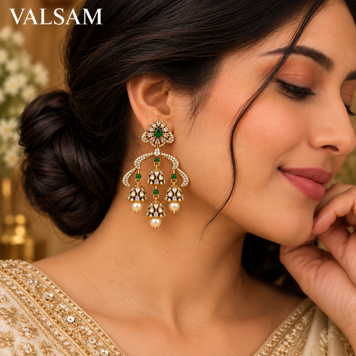 VALSAM green stone chandelier jhumka earrings worn by model
