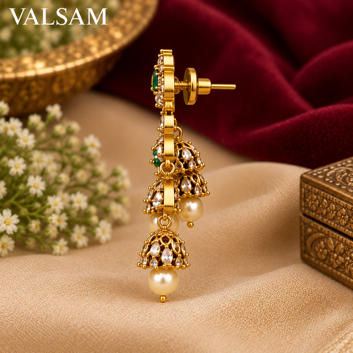 VALSAM green stone chandelier jhumka earrings side view