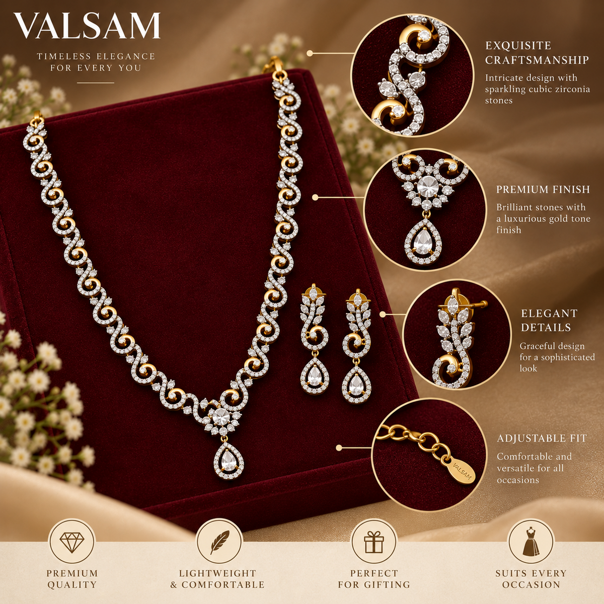 Close-up details of gold plated crystal necklace and matching earrings