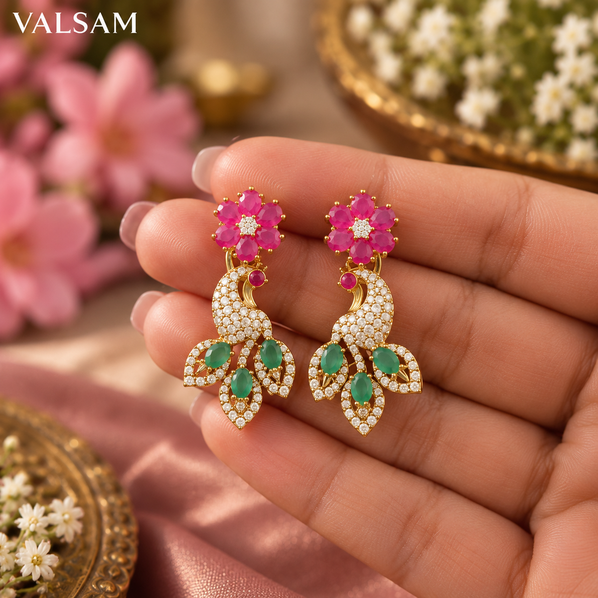 VALSAM peacock earrings close-up