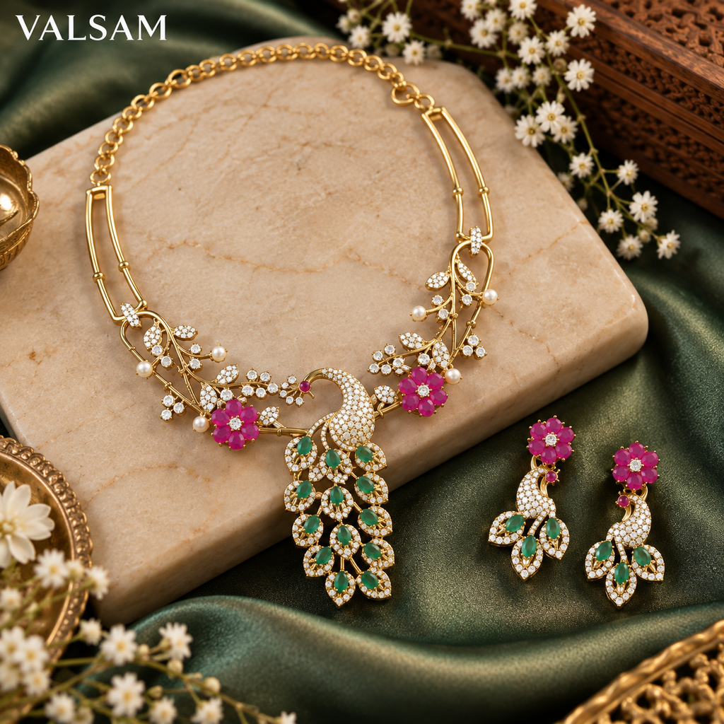 VALSAM pink and green peacock necklace and earrings set