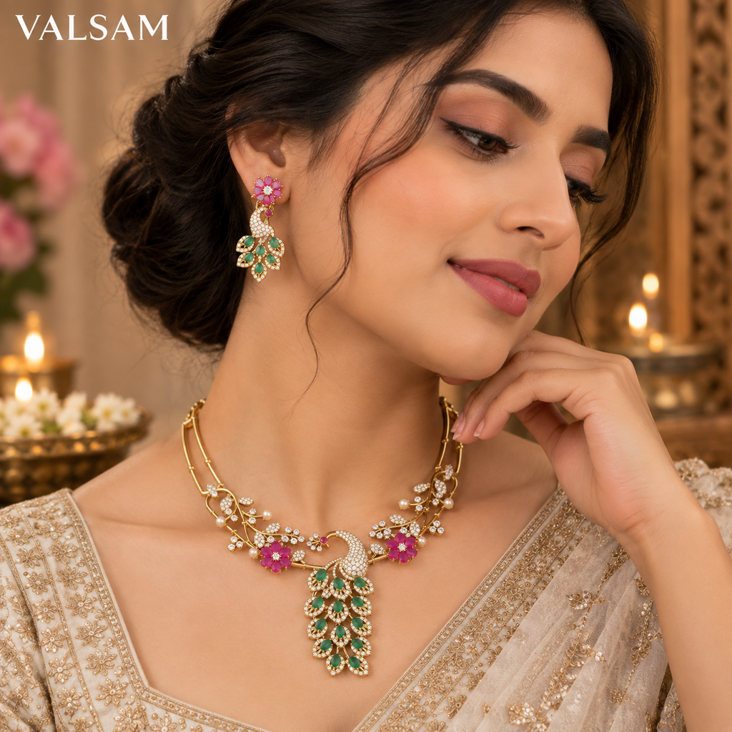 VALSAM peacock necklace and earrings worn on model