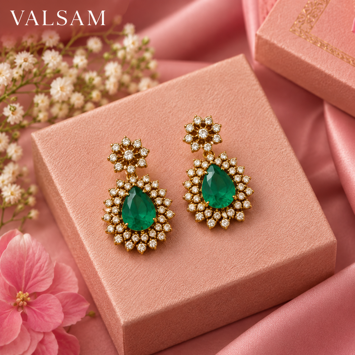 VALSAM green stone statement earrings close-up