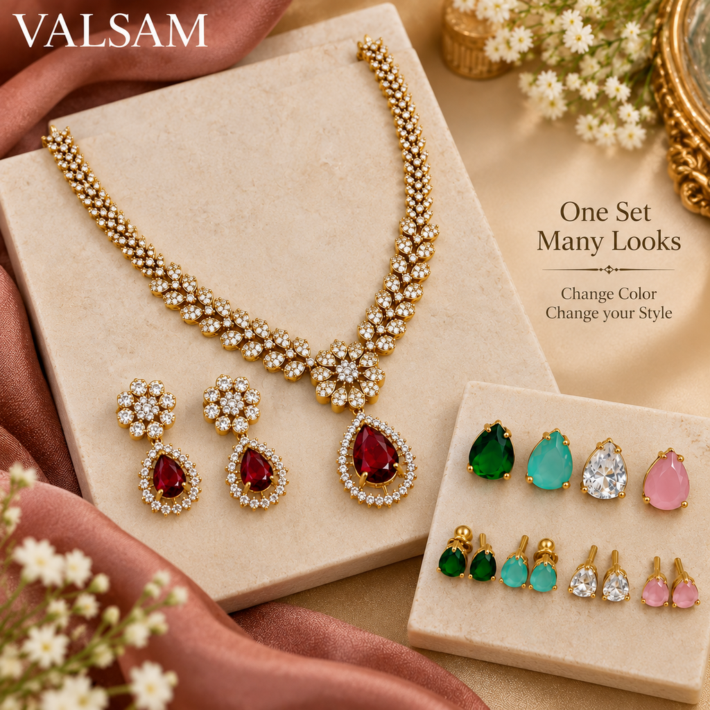 VALSAM necklace set with interchangeable green, mint green, clear and pink stones