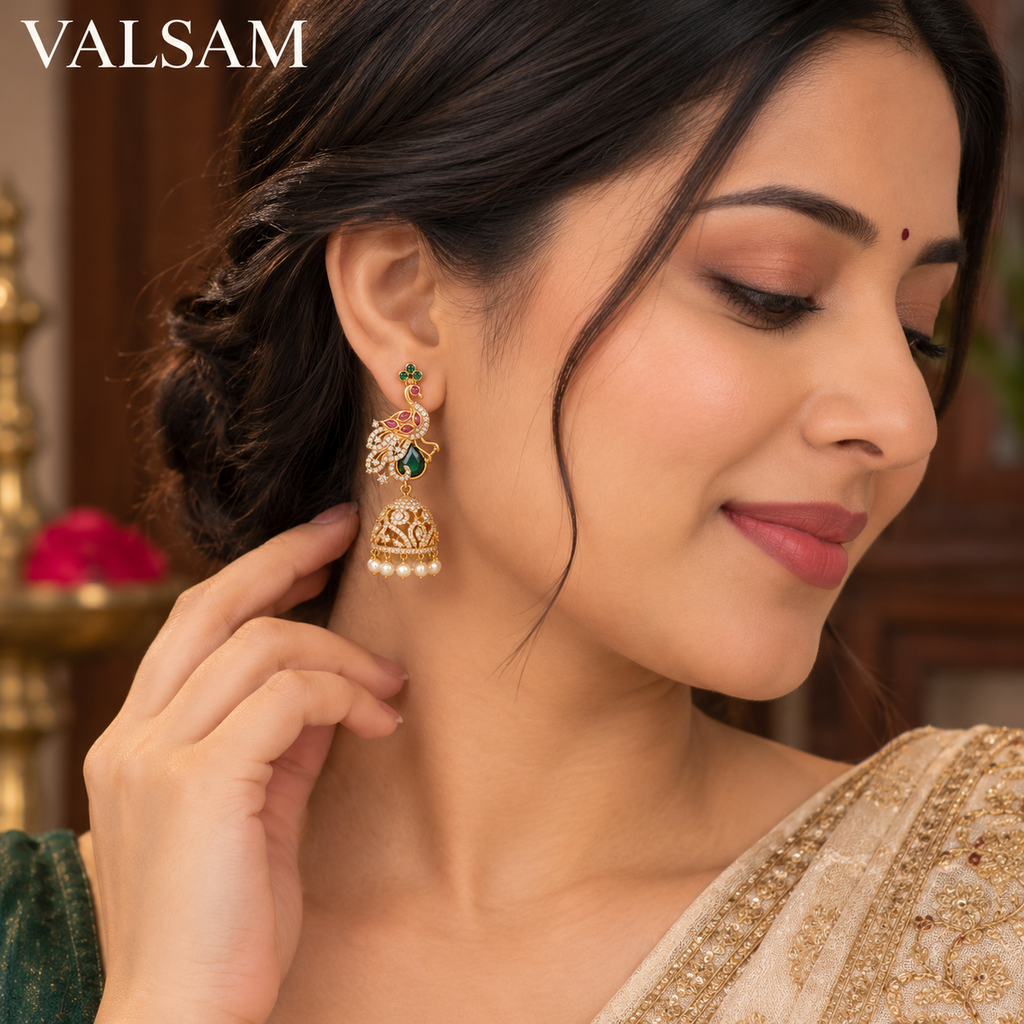 VALSAM peacock design jhumka earrings worn with traditional Indian outfit