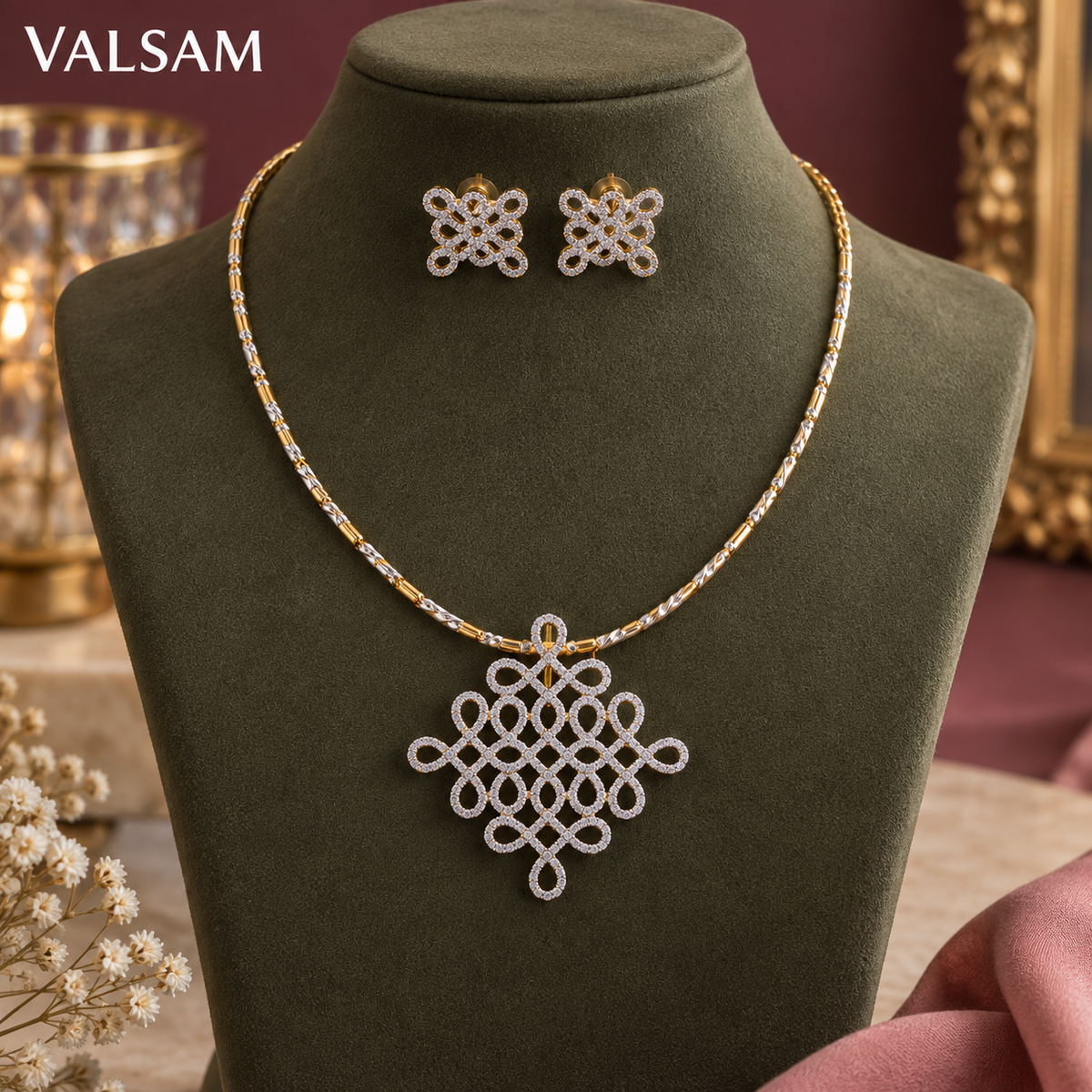 VALSAM necklace set displayed on jewellery bust