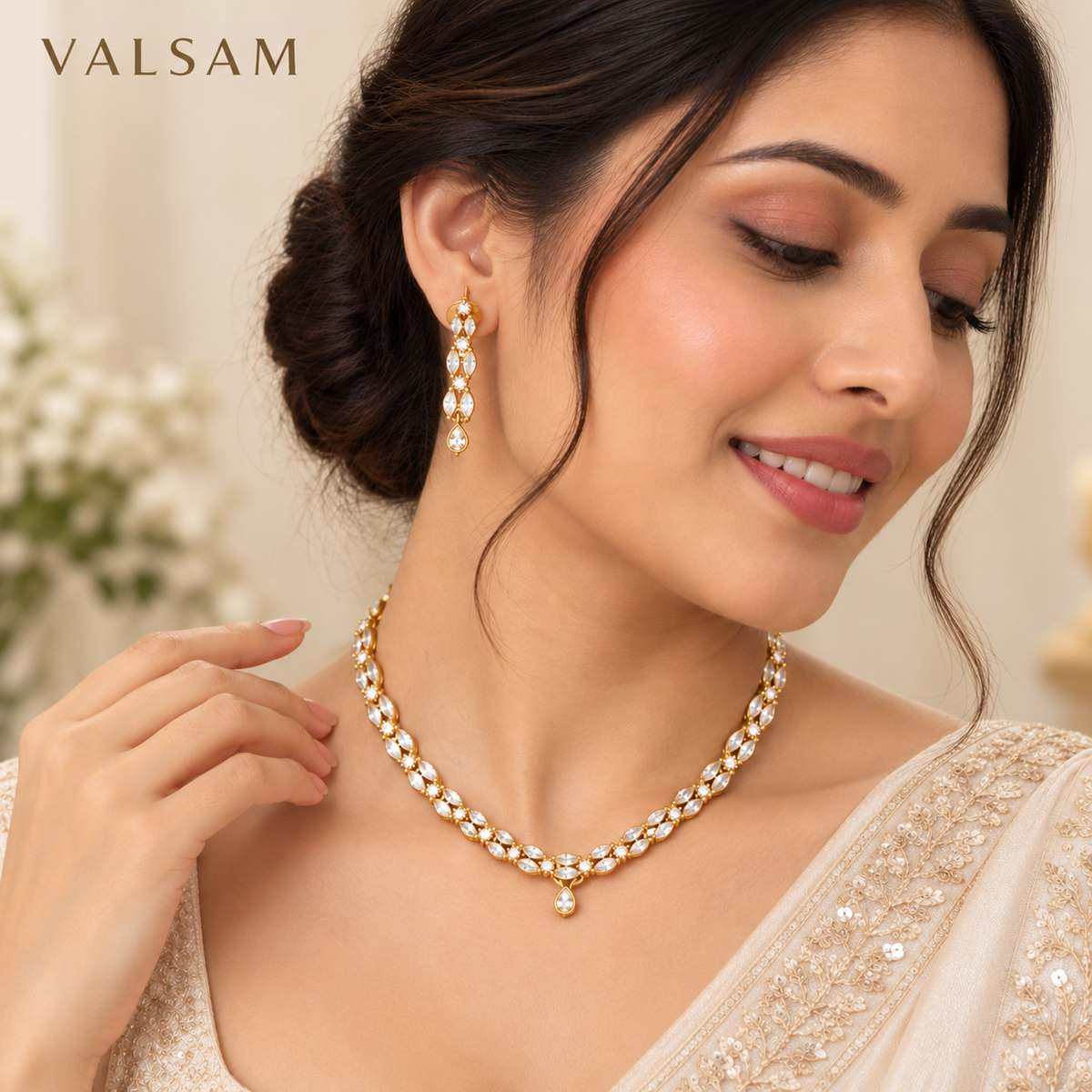 VALSAM crystal necklace and earrings set worn by model