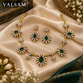 Green Stone Gold Plated Necklace Set with Drop Earrings | Traditional Ethnic Jewellery
