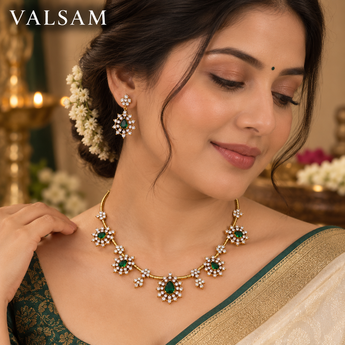 Green Stone Gold Plated Necklace Set with Drop Earrings | Traditional Ethnic Jewellery