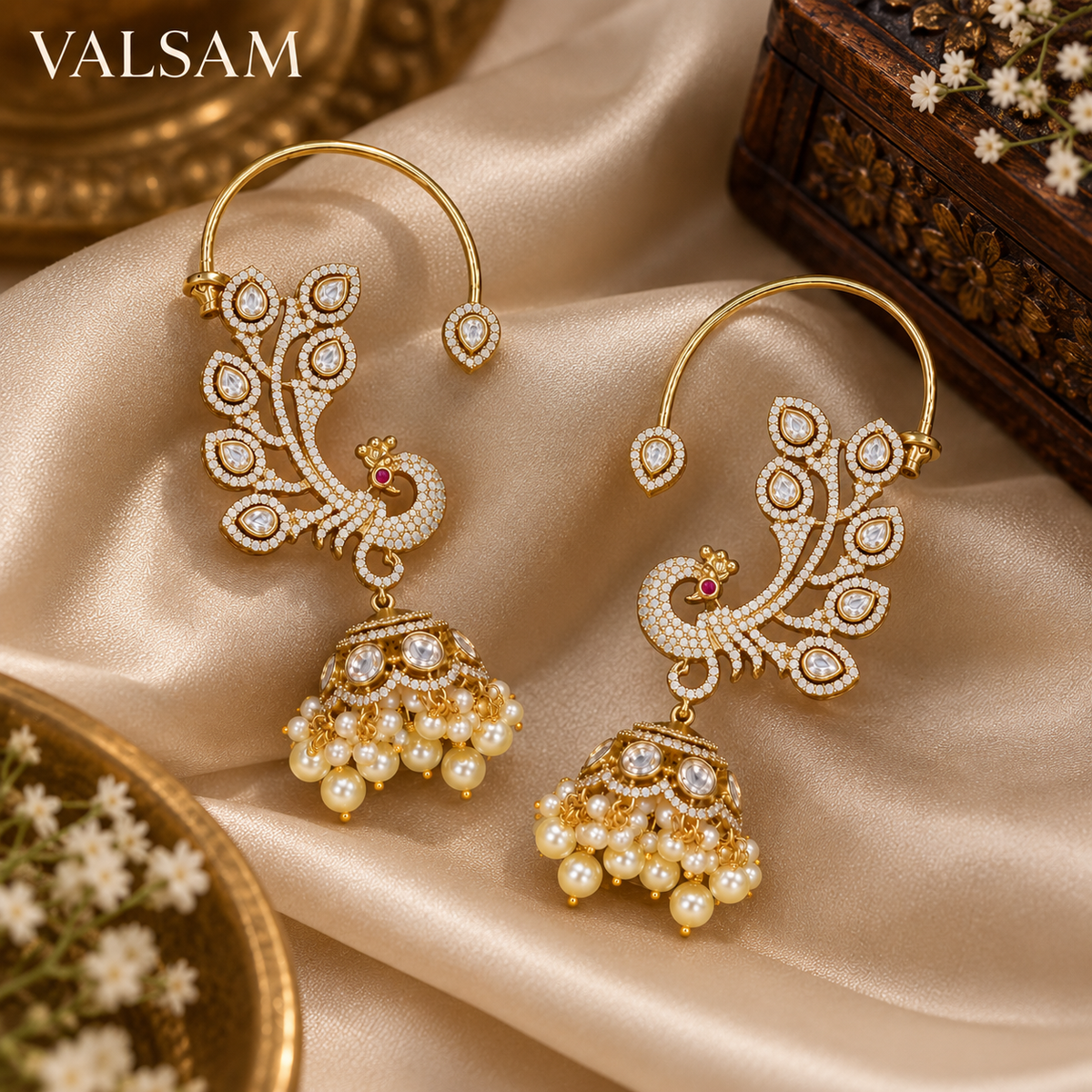 Peacock Design Gold Plated Earcuff Jhumka Earrings with Pearl Drops | Ethnic Jewellery