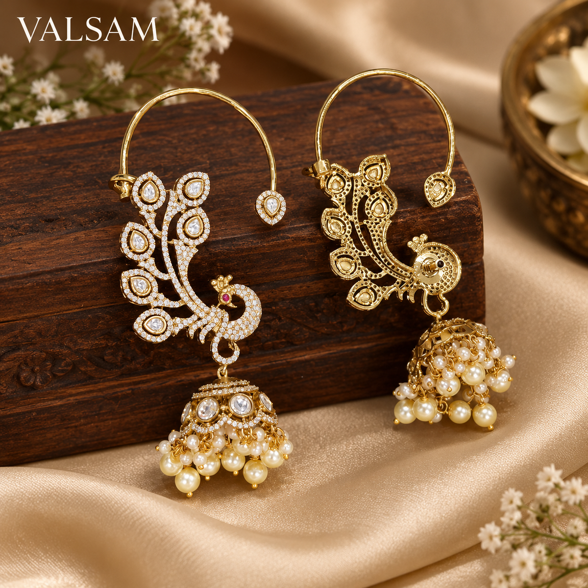 Peacock Design Gold Plated Earcuff Jhumka Earrings with Pearl Drops | Ethnic Jewellery