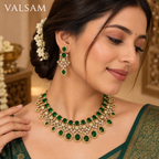 Green Emerald Gold Plated Necklace Set with Earrings | Traditional Bridal Jewellery