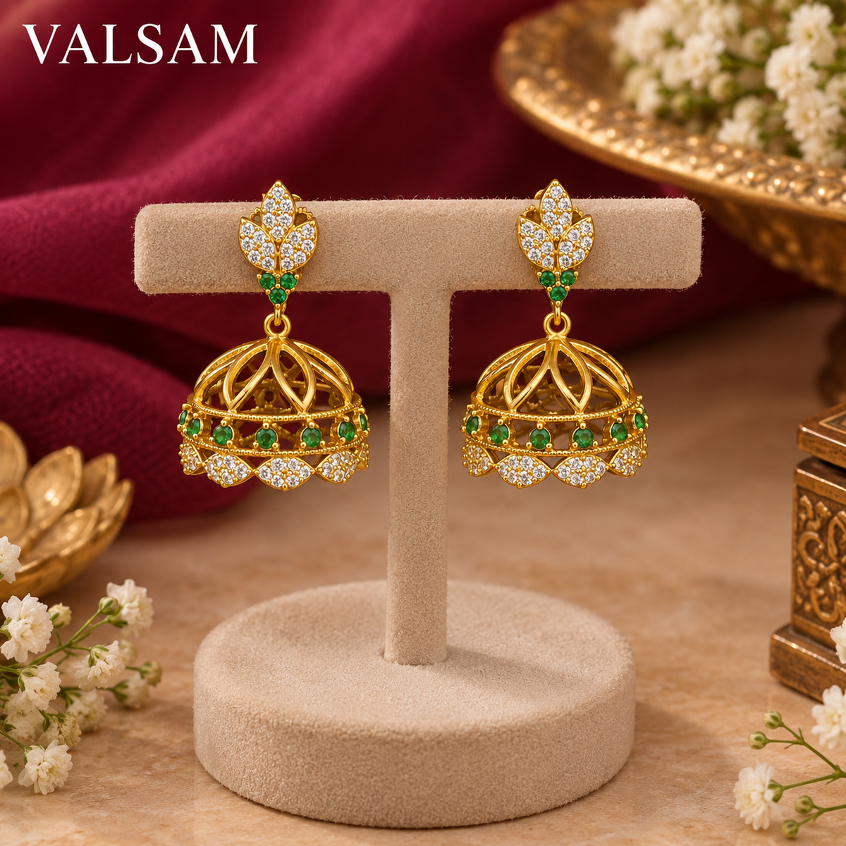 Gold Plated Green Stone Jhumka Earrings | Traditional Ethnic Jewellery