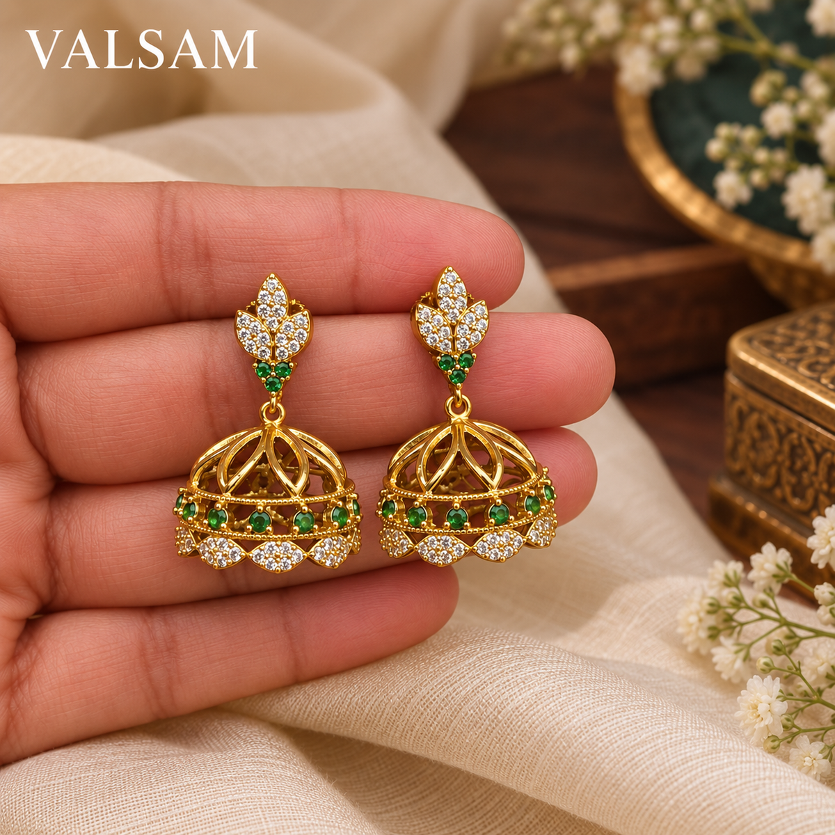 Gold Plated Green Stone Jhumka Earrings | Traditional Ethnic Jewellery