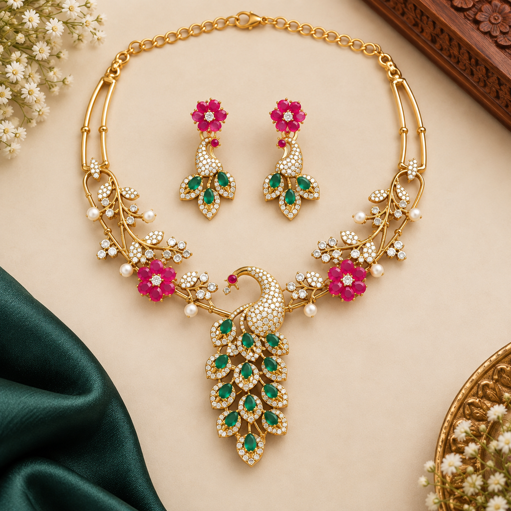 Pink & Green Peacock Necklace Set with Earrings | Traditional Wedding Jewellery