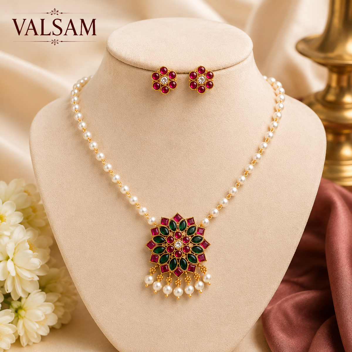 Pearl Beaded Floral Pendant Necklace Set with Earrings | Ethnic Festive Jewellery