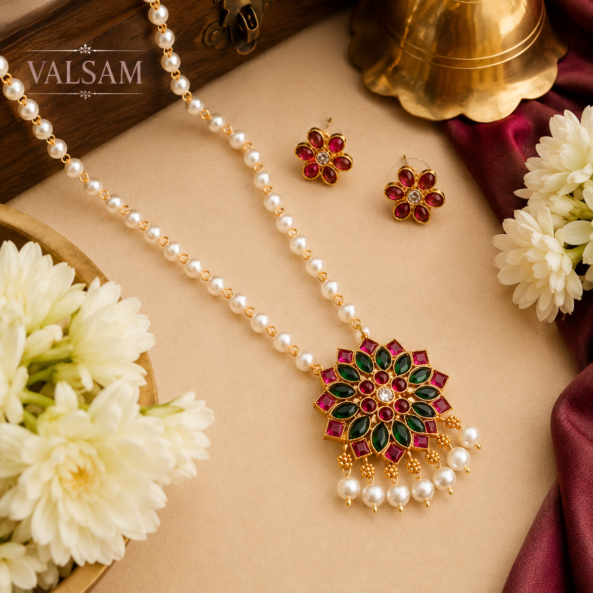 Pearl Beaded Floral Pendant Necklace Set with Earrings | Ethnic Festive Jewellery