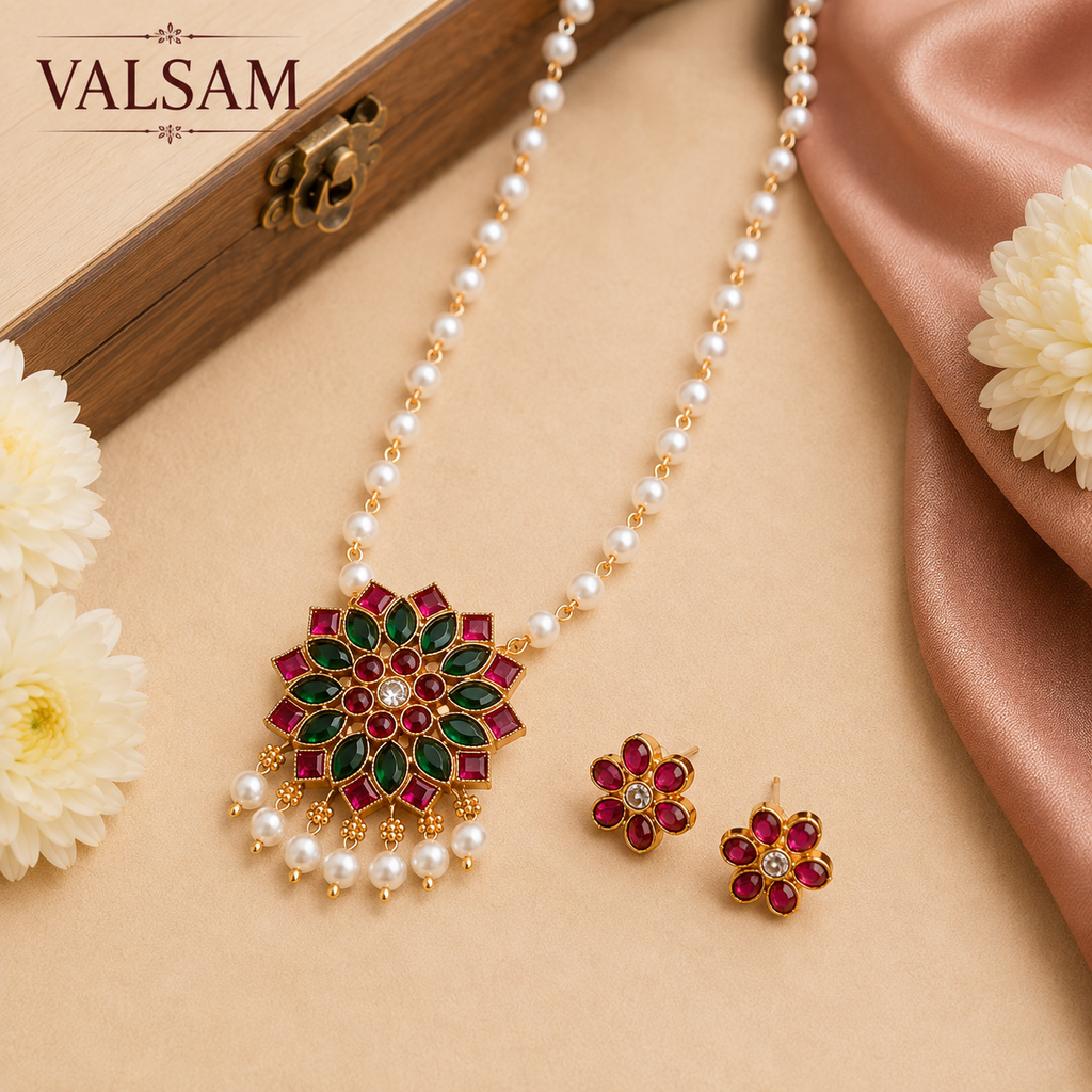 Pearl Beaded Floral Pendant Necklace Set with Earrings | Ethnic Festive Jewellery