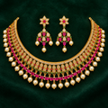 Ruby & Green Stone Necklace Set with Pearl Drop Earrings | Traditional Bridal Jewellery