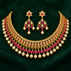 Ruby & Green Stone Necklace Set with Pearl Drop Earrings | Traditional Bridal Jewellery