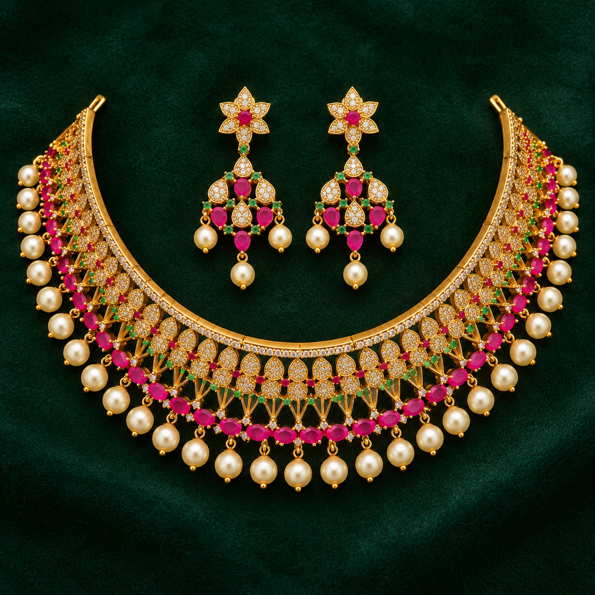 Ruby & Green Stone Necklace Set with Pearl Drop Earrings | Traditional Bridal Jewellery