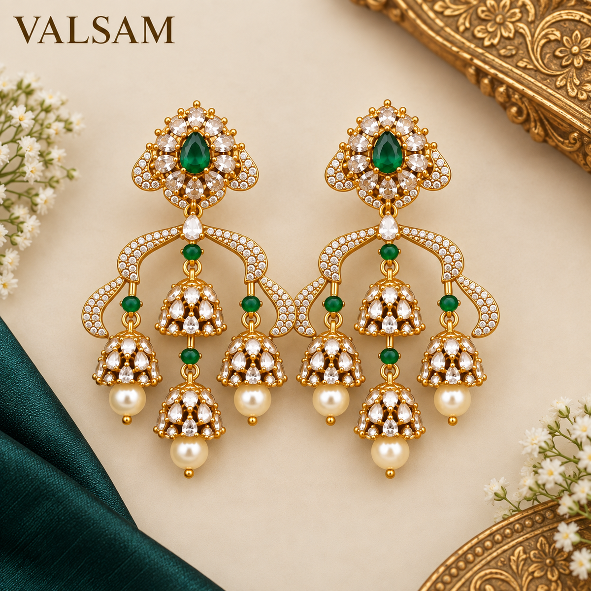 Green Stone Chandelier Jhumka Earrings with Pearl Drops | Traditional Festive Jewellery