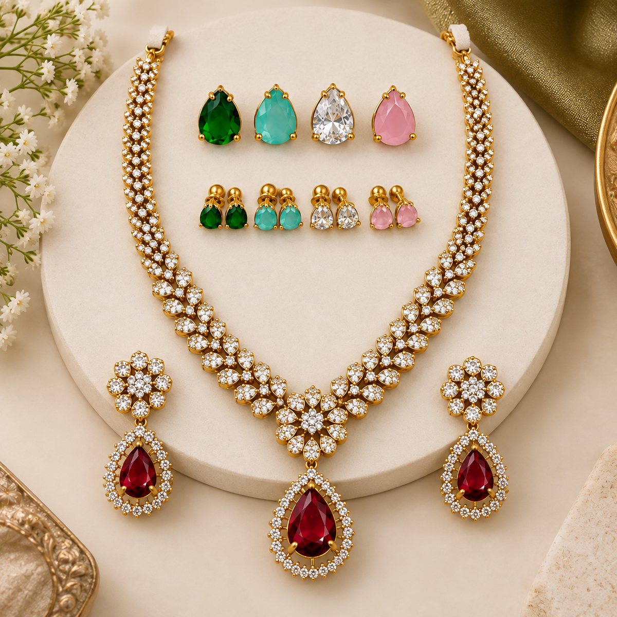 4-in-1 Color Changing Stone Necklace Set with Earrings | Gold Plated Ethnic Jewellery
