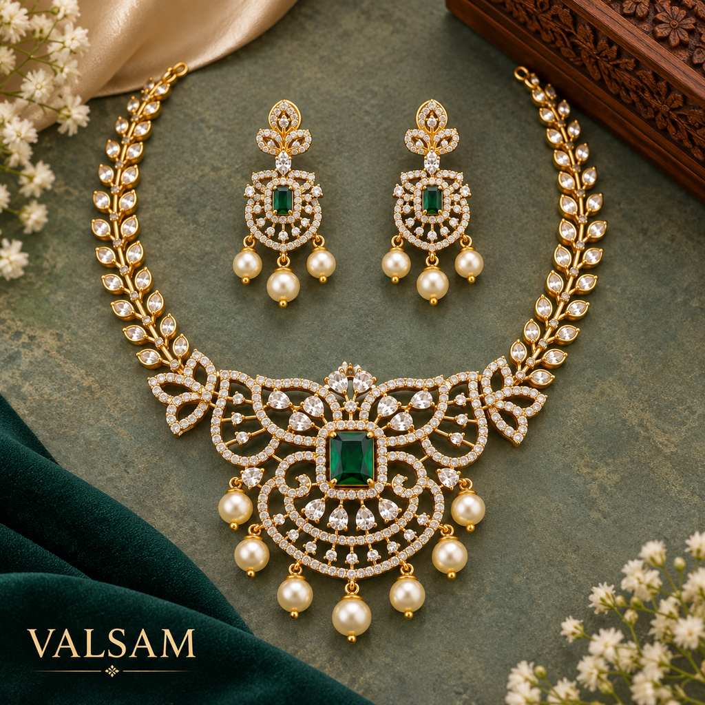Emerald Green Stone Necklace Set with Pearl Drop Earrings | Ethnic Festive Jewellery
