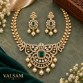Emerald Green Stone Necklace Set with Pearl Drop Earrings | Ethnic Festive Jewellery