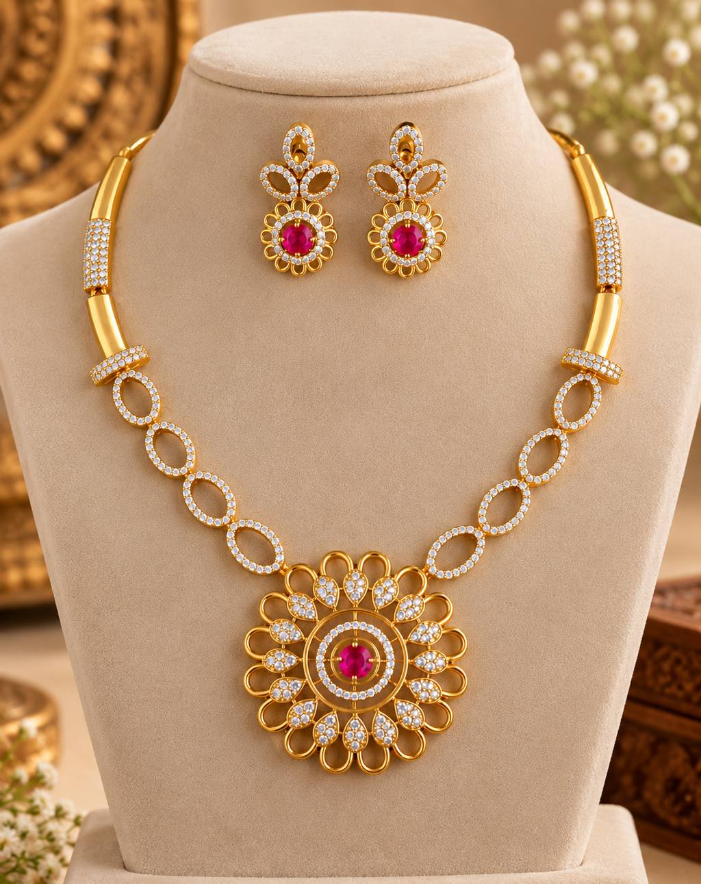 Ruby Floral Gold-Plated Necklace Set with Matching Earrings