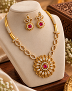 Ruby Floral Gold-Plated Necklace Set with Matching Earrings