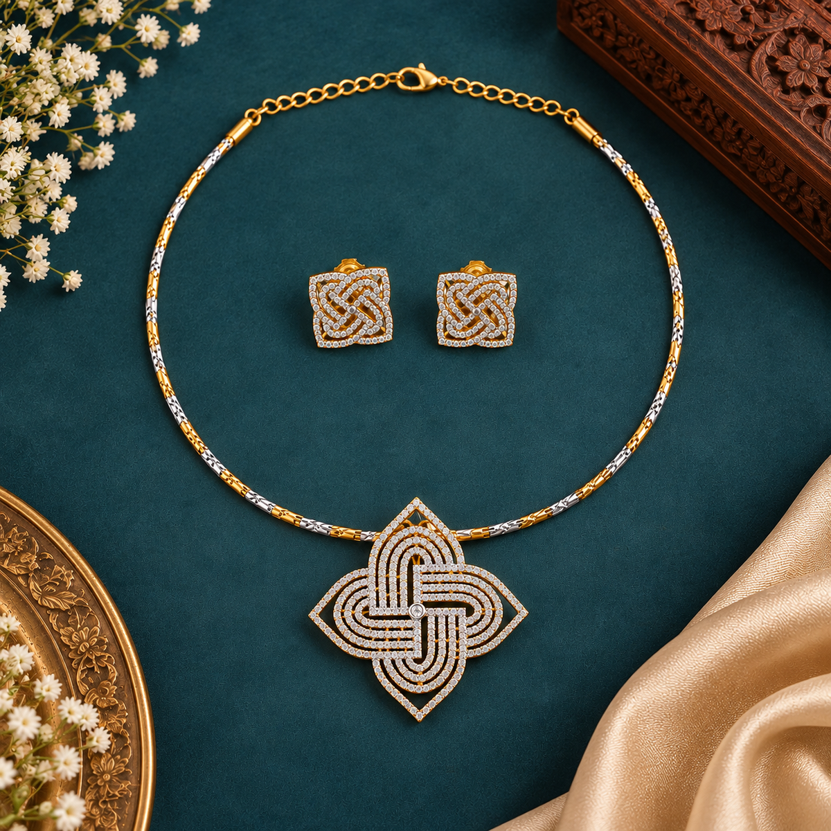Gold & Silver Statement Necklace Set with Stud Earrings | Ethnic Occasion Jewellery