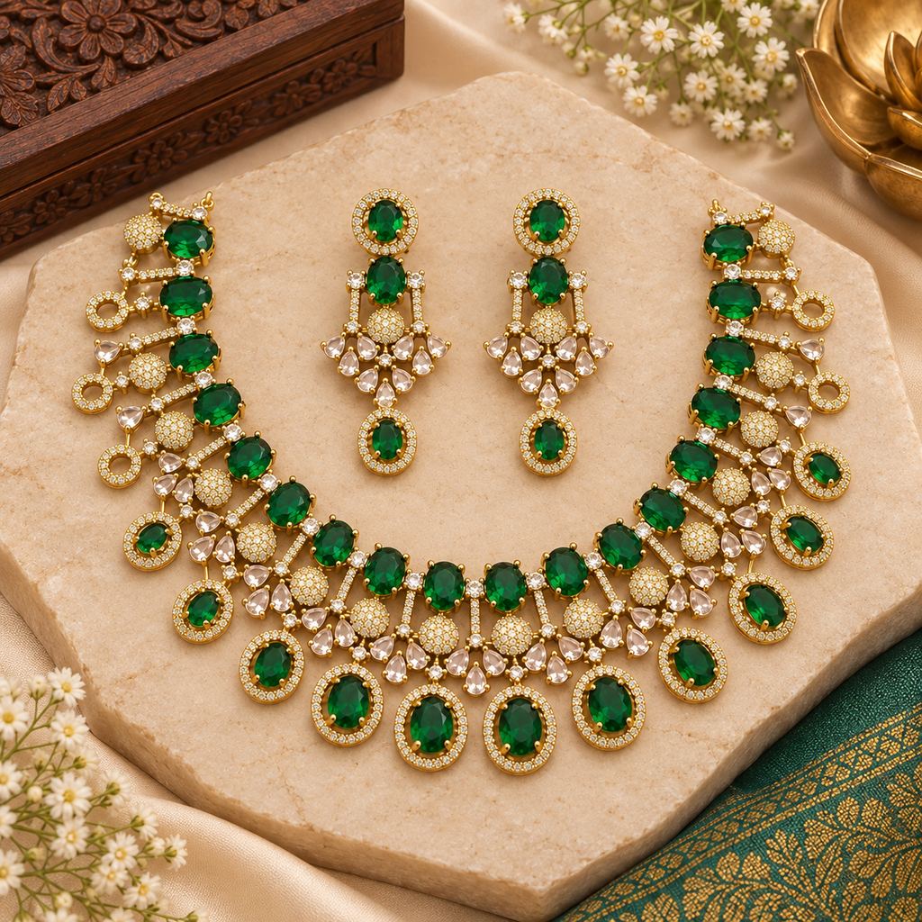 Green Emerald Gold Plated Necklace Set with Earrings | Traditional Bridal Jewellery