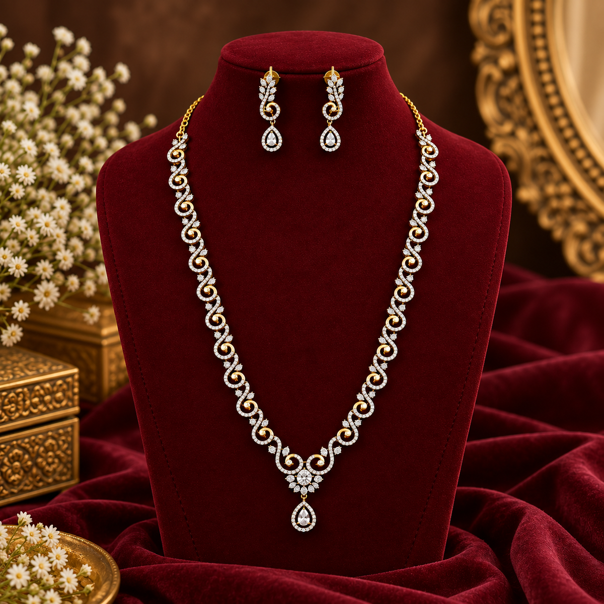 Gold Plated Crystal Necklace Set with Drop Earrings | Festive Wedding Jewellery
