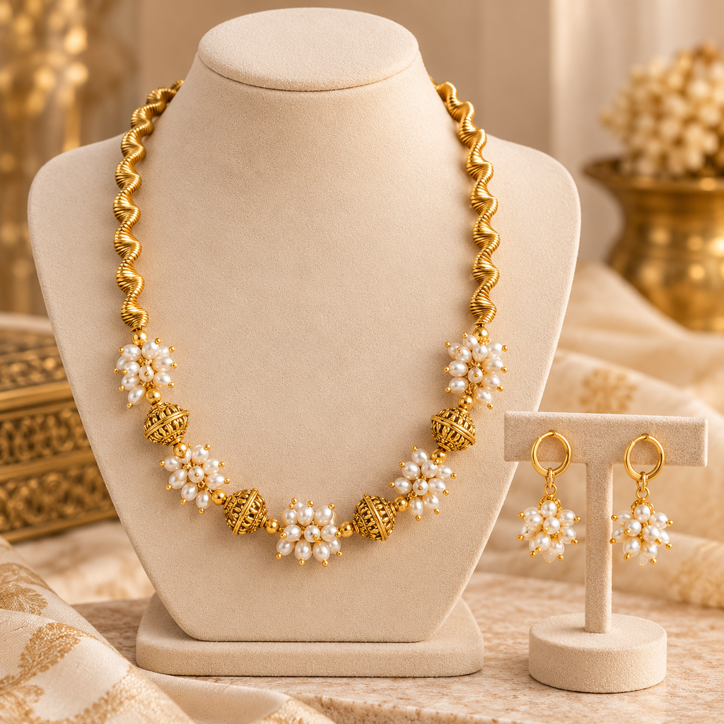 Pearl Flower Jewellery Set - Necklace & Earrings