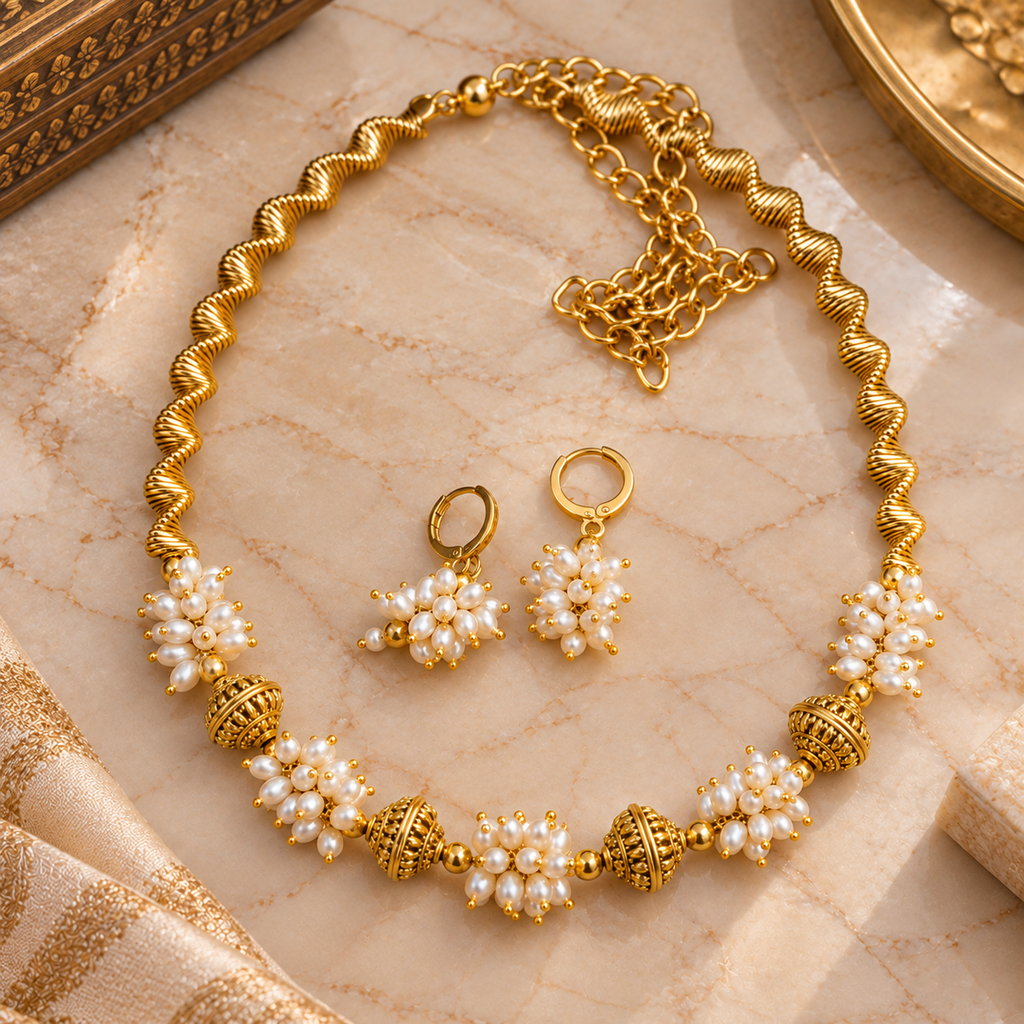 Pearl Flower Jewellery Set - Necklace & Earrings