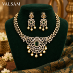 Emerald Green Stone Necklace Set with Pearl Drop Earrings | Ethnic Festive Jewellery