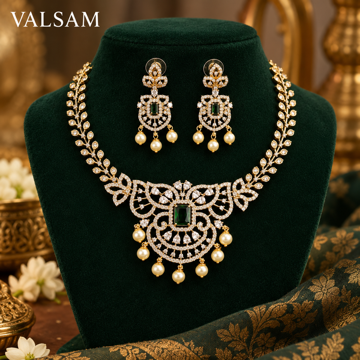 Emerald Green Stone Necklace Set with Pearl Drop Earrings | Ethnic Festive Jewellery