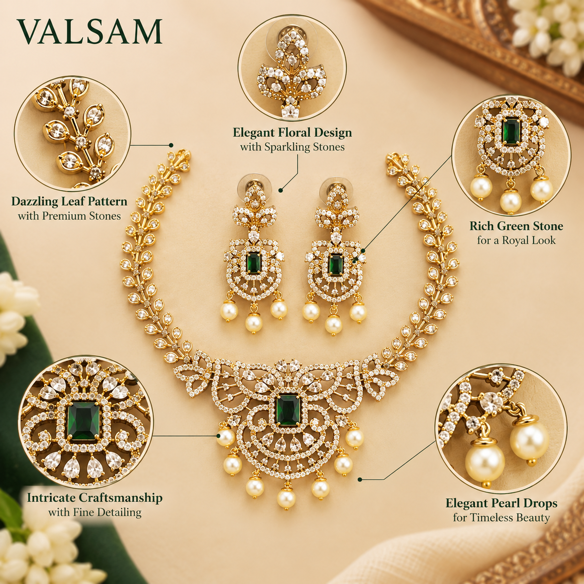 Emerald Green Stone Necklace Set with Pearl Drop Earrings | Ethnic Festive Jewellery